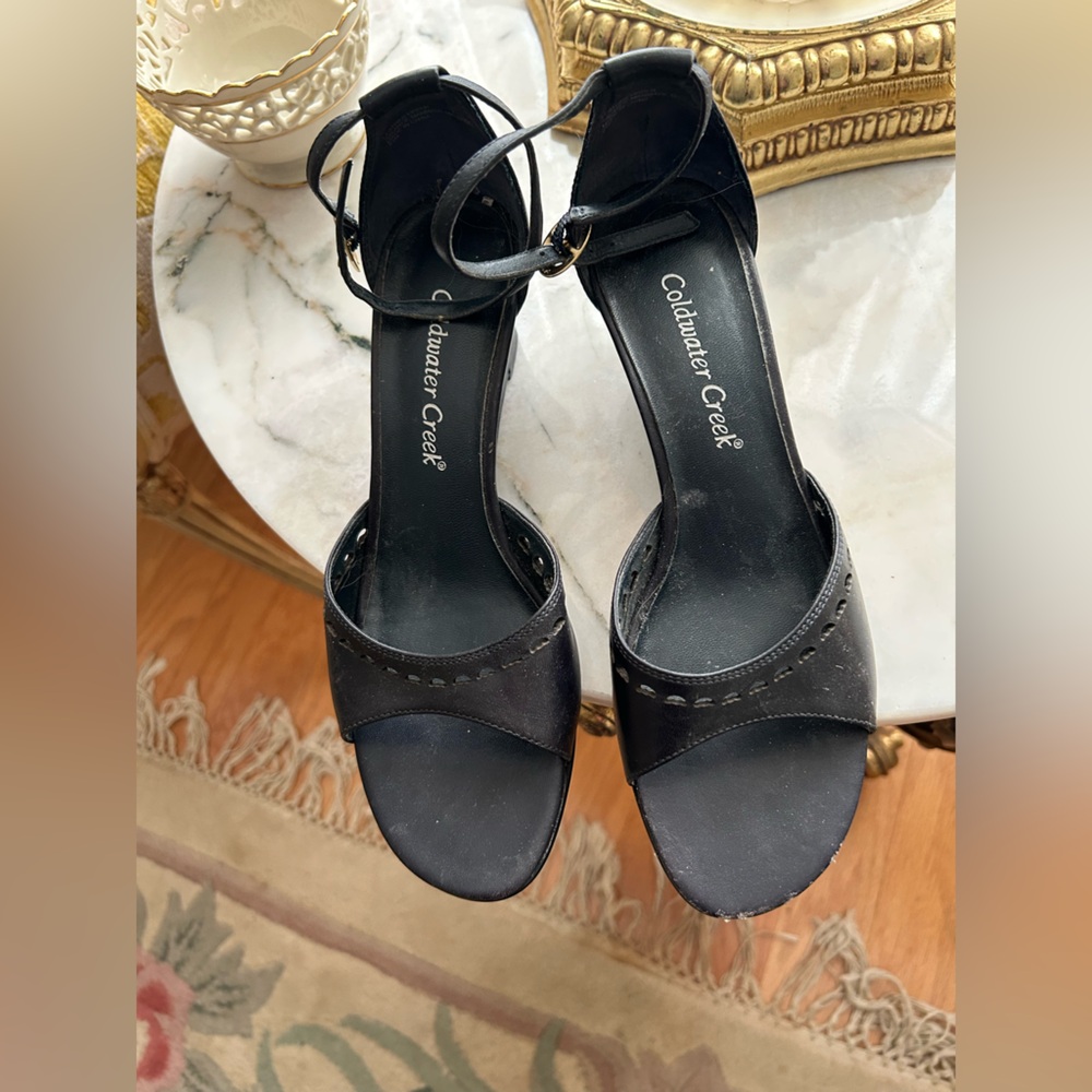 Coldwater Creek Black Leather Ankle-Strap Heels Sz 6.5. BB:330